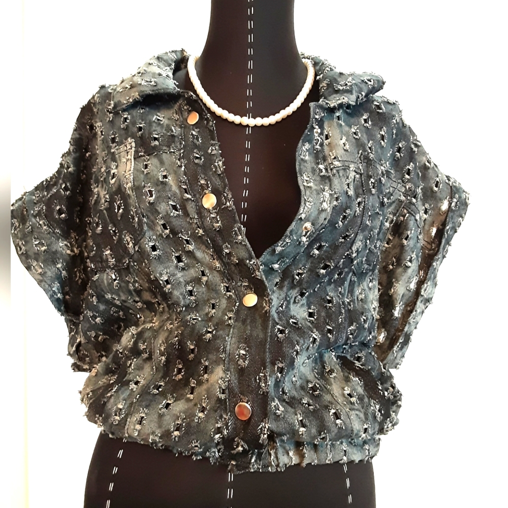 Denim Distressed Dolman Sleeve Bomber Shacket